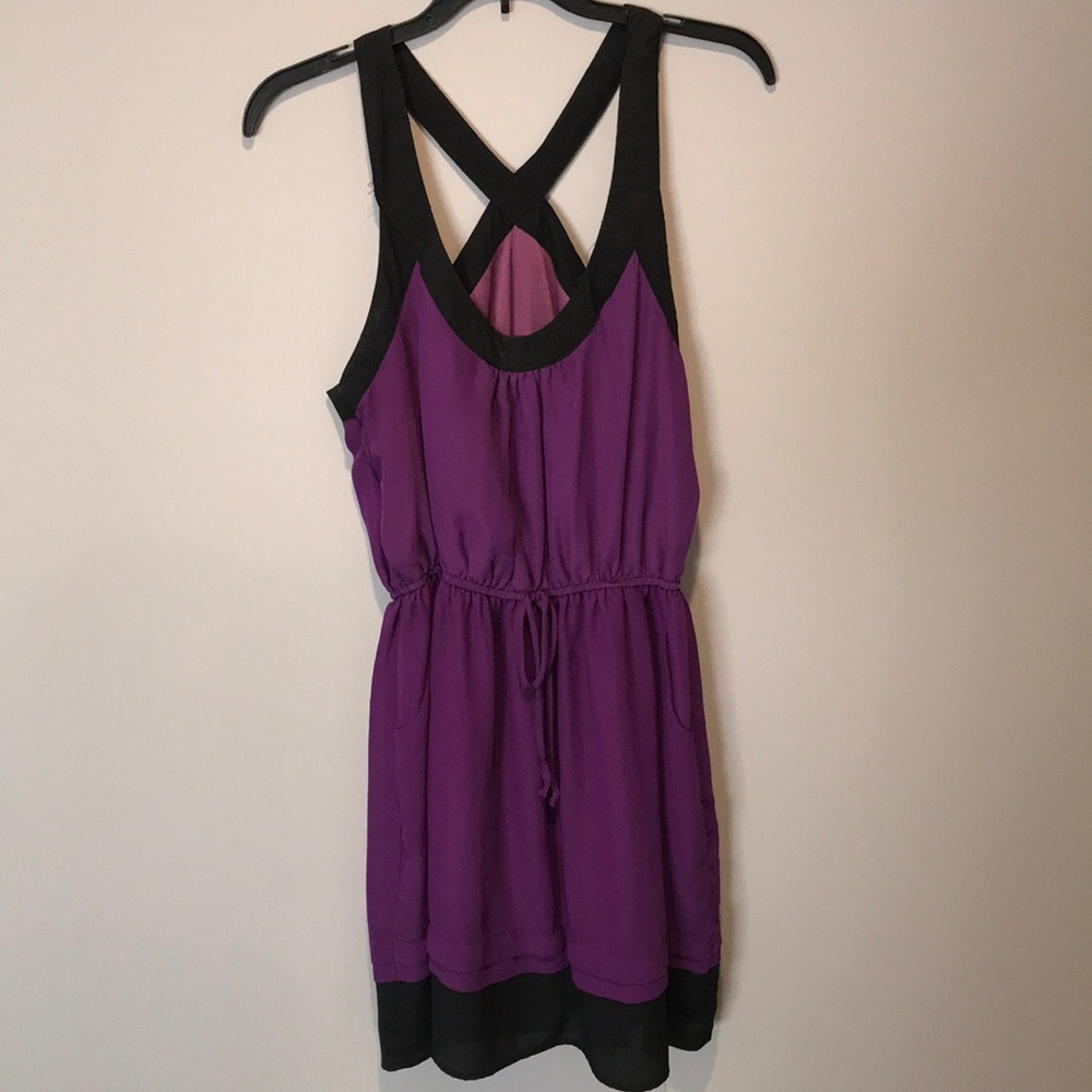 Purple and black tie waist dress